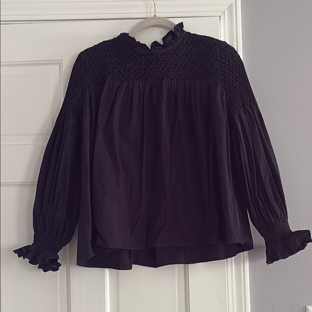 Ruffled Smocked Black Blouse with Bishop Sleeves